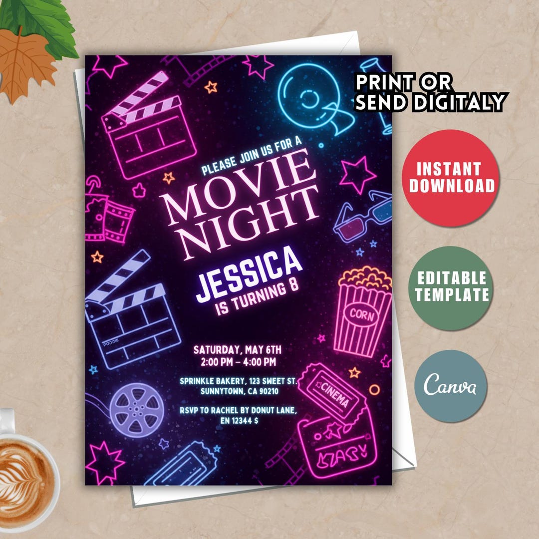 Pink Movie Night Birthday Invitation, Girls Cinema Party (canva ...
