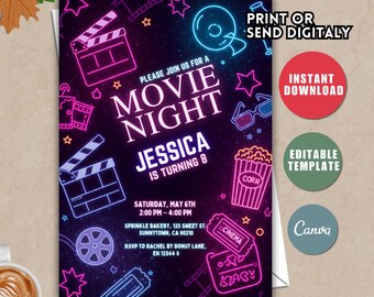 Pink Movie Night Birthday Invitation, Girls Cinema Party (Canva Editable)