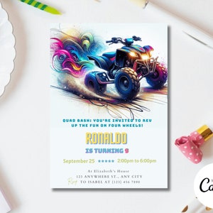 May include: A birthday invitation for a 9-year-old boy named Ronaldo. The invitation features a colorful illustration of a black ATV with a blue and white background. The text "QUAD BASH: YOU'RE INVITED TO REV UP THE FUN ON FOUR WHEELS!" is written in blue and yellow. The text "RONALDO IS TURNING 9" is written in blue and yellow. The date and time of the party are listed below. The invitation is made in Canva.
