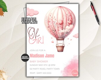 Pink Hot Air Balloon Baby Shower Invitation, Up Up and Away Girl Invite