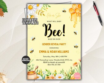 Bee Gender Reveal Invitation, Editable Honeycomb Theme (Digital Download)