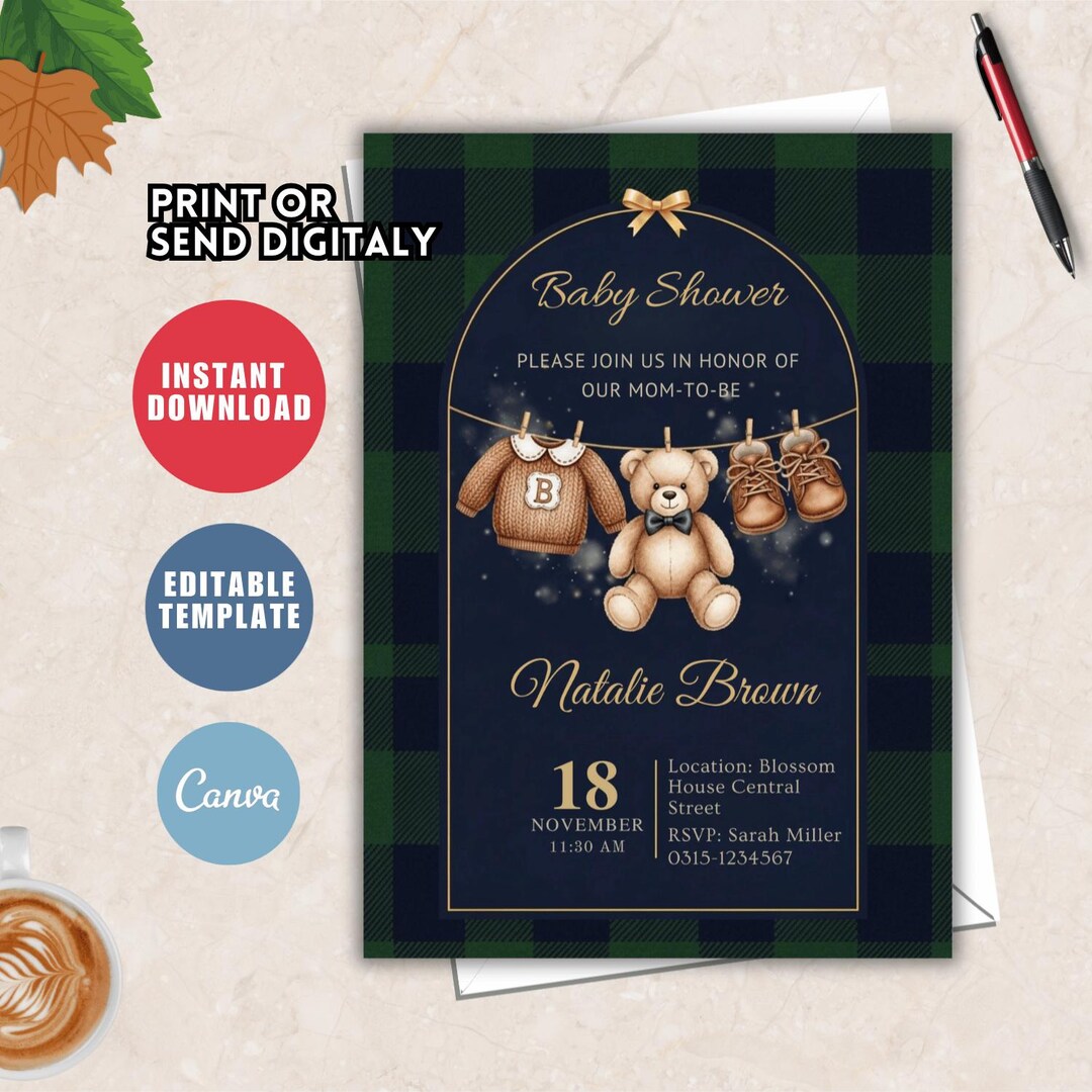 Polo Teddy Bear Baby Shower Invitation, Vintage Style, Canva Editable ...