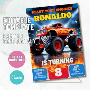 Invito di compleanno modificabile a tema Monster Truck, invito per festa Big Wheels Bash, invito di compleanno stampabile a tema Monster Truck Jam, download immediato D34
