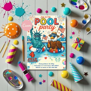 Celebration-Focused: Vibrant Independence Day pool party invitation featuring bold patriotic colors, perfect for backyard BBQs and summer fun. Instant download for quick edits and printing
