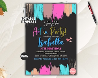 Rainbow Art Birthday Invitation, Glitter Crayon Painting Party Editable Template
