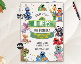 Sesame Street Birthday Invitation, Elmo Party Invite, Editable Digital Template