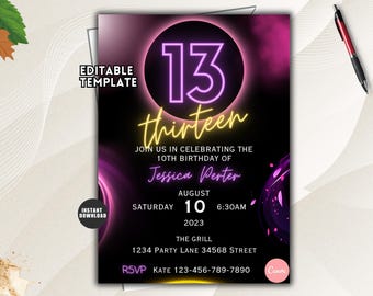Puede incluir: Una plantilla de invitación de cumpleaños con fondo negro y texto en neón morado y amarillo. El diseño muestra el número 13, el nombre Jessica Perter, la fecha 10 de agosto de 2023, la hora 6:30 AM, el lugar The Grill, 1234 Party Lane 34568 Street.