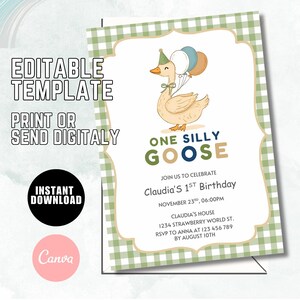 Editable One Silly Goose Birthday Invitation Template, Goose 1st Birthday, Goose Invitation, Boy 1st Birthday Green Invite D55