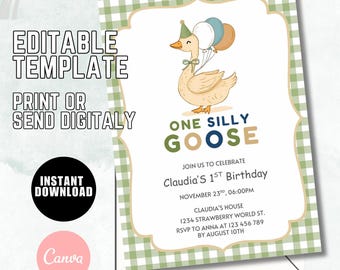 One Silly Goose 1st Birthday Invitation, Green Invite (Editable Template)