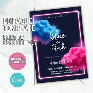 Faire-part de révélation de sexe fumée, invitation de fête bébé bleu rose, fête de sexe modifiable, invitation numérique de shower de bébé imprimable L91