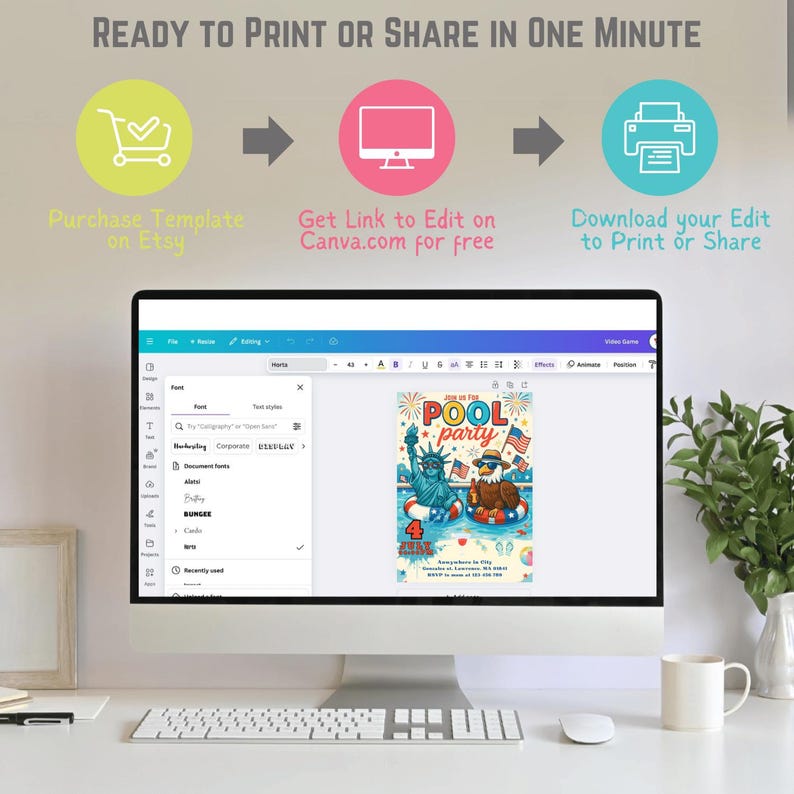 May include: A computer monitor displaying a Canva design interface for a pool party invitation. The invitation features the Statue of Liberty and an eagle in pool floats with the text POOL party and 4 JULY. Above are three icons with text.