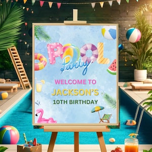 Zwembadfeest welkomstbord BEWERKBAAR, teken zomerfeest, zwemfeest, welkomstbord zomer aangepast teken afdrukbare sjabloon Instant Download X23