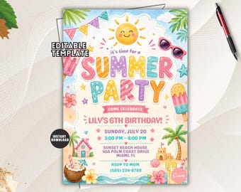 Pool Party Birthday Invitation, Splish Splash Kids Summer Swim Editable Template