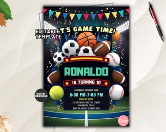 May include: A sports-themed birthday invitation template featuring a dark background with stadium lights, colourful confetti, and various balls including basketball, soccer, football, baseball, and tennis. Text reads IT'S GAME TIME, RONALDO IS TURNNG 10.