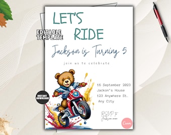 May include: A birthday invitation template featuring a brown bear riding a red motorcycle with colorful paint splatters. The text reads: LET'S RIDE, Jackson is Turning 5, join us to celebrate, 16 September 2023, Jackson's House, 123 Anywhere St., Any City, RSVP to Jackson mom.