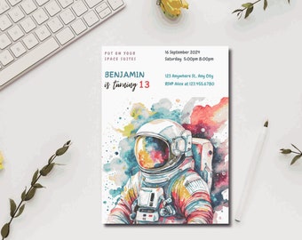 Astronaut Birthday Invitation, Outer Space Galaxy Party (Editable Template)