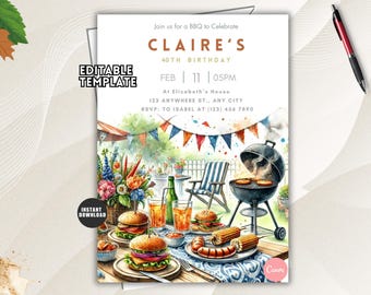 Editable BBQ Birthday Invitation, Red Gingham Backyard Cookout