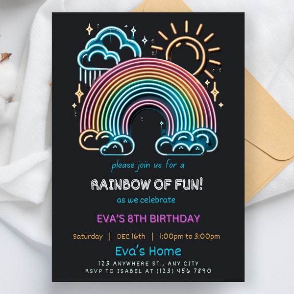 Editable Glow Rainbow Birthday Invitation Template Printable Neon Rainbow Party Invite Girl Colorful Modern Summer Editable Instant Download