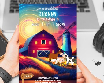 Editable Farm Animals Birthday Invitation, Neon Barnyard Party (Digital Download)