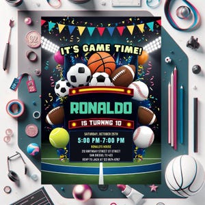 Faire-part d'anniversaire sportif modifiable, invitation à une fête sportive, invitation numérique de jeu de sport Invitation d'étoiles, thème sportif, téléchargement immédiat R9