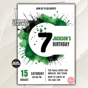 Op de afbeelding: Een verjaardagsuitnodigingssjabloon met een groot zwart cijfer 7, groene en zwarte aquarelverfspatten en de tekst "JOIN US TO CELEBRATE", "JACKSON'S BIRTHDAY", "EDITABLE TEMPLATE", "INSTANT DOWNLOAD" en de details van het evenement.
