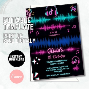TikTok-verjaardagsuitnodiging, tik-tok-uitnodiging, afdrukbare bewerkbare uitnodigingssjabloon voor feest, blogger-feest Tik-tok-muziekfeest Instant Download S45