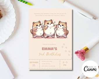Invito di compleanno a tema gattino, modello modificabile per bambini