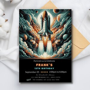 Dive into a cosmic journey with our Boy Birthday Editable Invitation. It is perfect for a Planets and Rocket Ship themed party, ready to personalize.