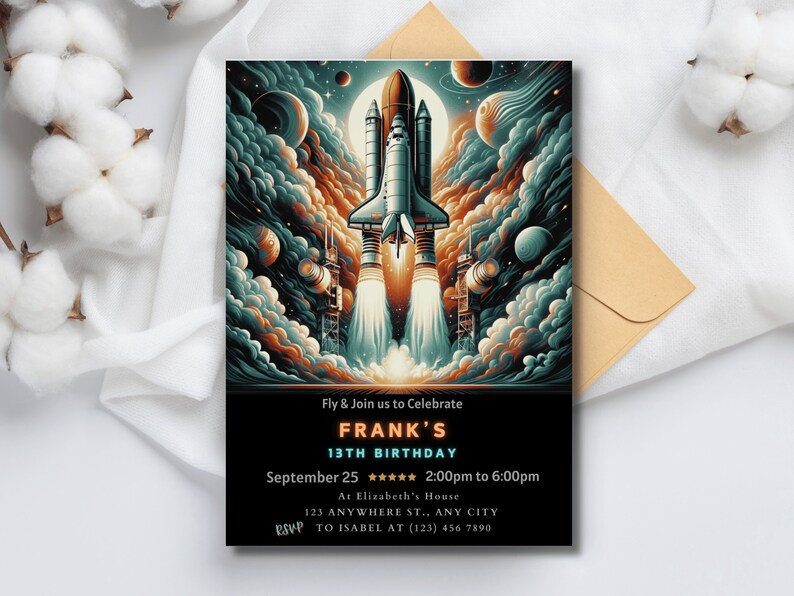 Dive into a cosmic journey with our Boy Birthday Editable Invitation. It is perfect for a Planets and Rocket Ship themed party, ready to personalize.