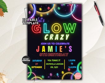 Neon Glow Birthday Invitation, Glow in the Dark Party Invite, Editable Template