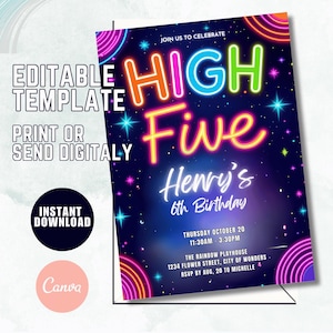 Neon High Five-födelsedagsinbjudan, 5-årsdag, redigerbar mall (digital nedladdning)