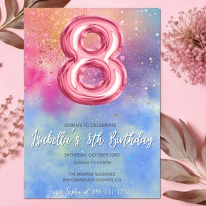 Editable 8th Birthday Invitation Template Rainbow Glitter Birthday Invite Foil Pastel Girl Eighth Birthday Invite Instant Download Digital