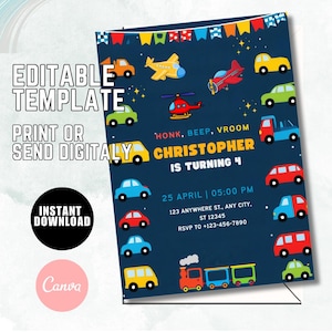 Transportation Birthday Invitation, Truck and Cars Birthday, Truck Birthday Invitation, Train, Cars Birthday Invite, Digital Download, TC4