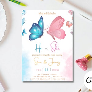 Invitación de revelación de género con diseño de mariposa, plantilla editable para él o ella, invitación digital imprimible para revelación de género de bebé en azul y rosa, descargable