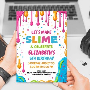 Invitación para fiesta de cumpleaños de slime, invitación para chicas de fiesta de slime, plantilla de cumpleaños de slime, fiesta de cumpleaños arcoíris de Evite, slime con purpurina, K38