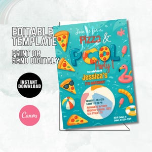 Editable Pizza Pool Party Invitation, Pizza Pool Party Birthday, Pizza and Pool Birthday Invite, Boy Pool Party, Pizza Swimming Party P71