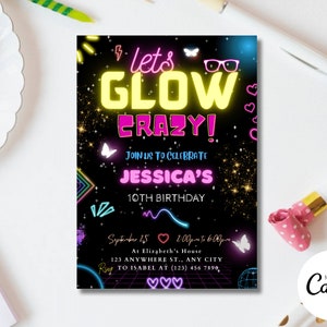 Editable Glow Party Birthday Invitation, Glow Gender Neutral Invites, Glow Party Template, Neon Party Invites Editable Glow Party Template