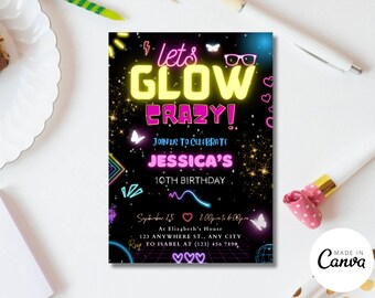Editable Glow Party Birthday Invitation, Neon Template (Digital Download)