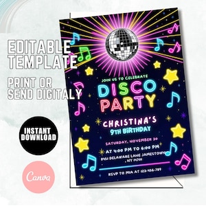 Editable Disco Party Birthday Invitation, Disco Ball Birthday Party Invite, Disco Party Invite, Neon Glow Party, 80s Party,Editable Template