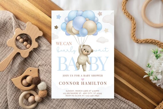 Editable Blue We Can Bearly Wait Invite, Teddy Bear Balloon Bear Theme Baby Shower Invitation Invites Template Instant Download