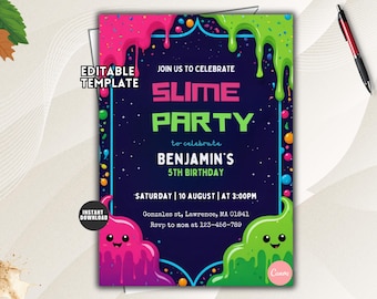 May include: A rectangular party invitation template with a dark blue background featuring pink and green slime dripping from the top and bottom corners. The text reads: JOIN US TO CELEBRATE SLIME PARTY to celebrate BENJAMIN'S 5TH BIRTHDAY SATURDAY 10 AUGUST AT 3:00PM.