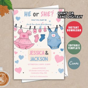 Pink or Blue Baby Clothes Gender Reveal Invitation, Clothesline Gender Reveal Invite, He or She What Will Baby Be? Surprise Gender Reveal