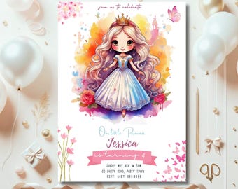 Editable Princess Birthday Invitation, Watercolor Floral (Digital Download)