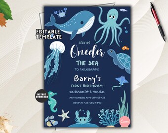 May include: A dark blue birthday invitation template featuring illustrations of a whale, octopus, jellyfish, sea turtle, seahorse, crab, and coral. The text reads: JOIN US Oneder THE SEA TO CELEBRATE Barny's FIRST BIRTHDAY! ELIZABETH'S HOUSE ANY WHERE ANY CITY ST-123 RSVP AT 123-456-7890.