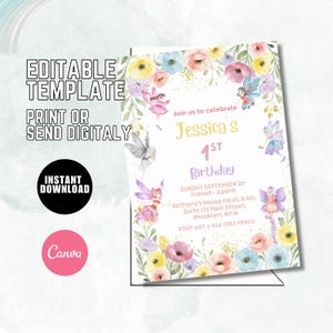 Editable Fairy Birthday Party Invitation, Soft Pastel Floral Birthday Party Printable Invite, Wildflower Fairy Garden Tea Party Invite F42