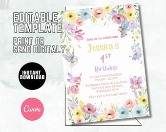 Invitación para fiesta de cumpleaños de hadas, invitación floral para té (editable, descarga digital)