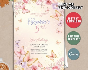 Może przedstawiać: Pastelowe zaproszenie urodzinowe z motylami i kwiatowymi akcentami. Zaproszenie zawiera tekst "Sophia's 5th Birthday" oraz szczegóły wydarzenia. Dodatkowy tekst zawiera "Print or Send Digitaly" i "Instant Download."