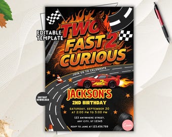 Two Fast 2nd Birthday Invitation, Race Car Theme (Canva Editable Template)