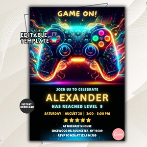 May include: A birthday invitation template featuring a neon-colored video game controller graphic at the top with the text GAME ON!, ALEXANDER HAS REACHED LEVEL 9, and event details including date, time, location, and RSVP information in yellow text.