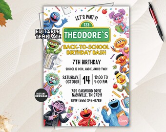 Colorful Street Friends Birthday Invitation, Editable ABC 123 Kids Party Template